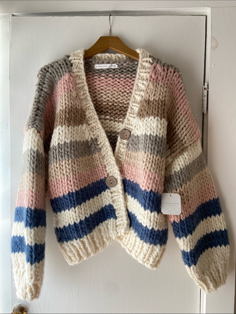 Altar'd State Chunky Striped V-Neck Cardigan Cream/Pink/Blue